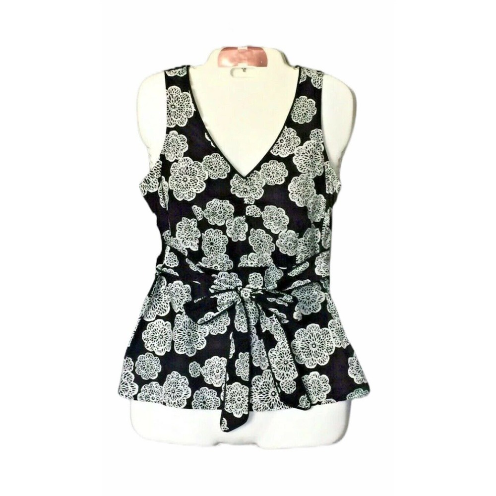 ANN TAYLOR LOFT Black White Floral Print Sleeveless Tie Top Blouse Size 2 Petite